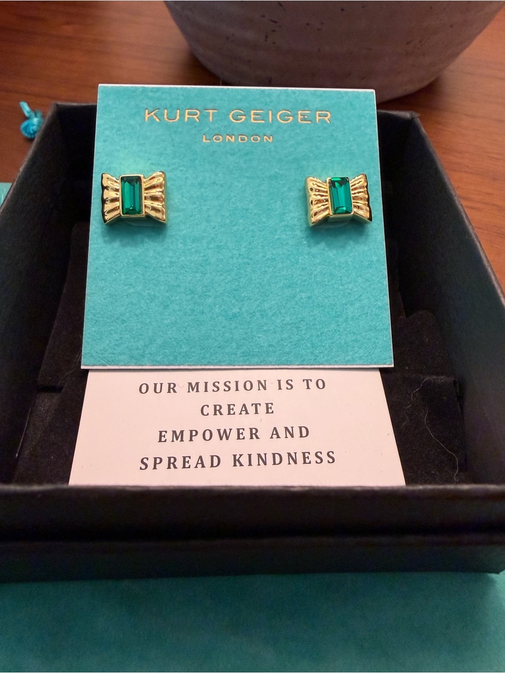 Kurt Geiger Gold Bow Stud Earrings with Emerald-Green Crystals